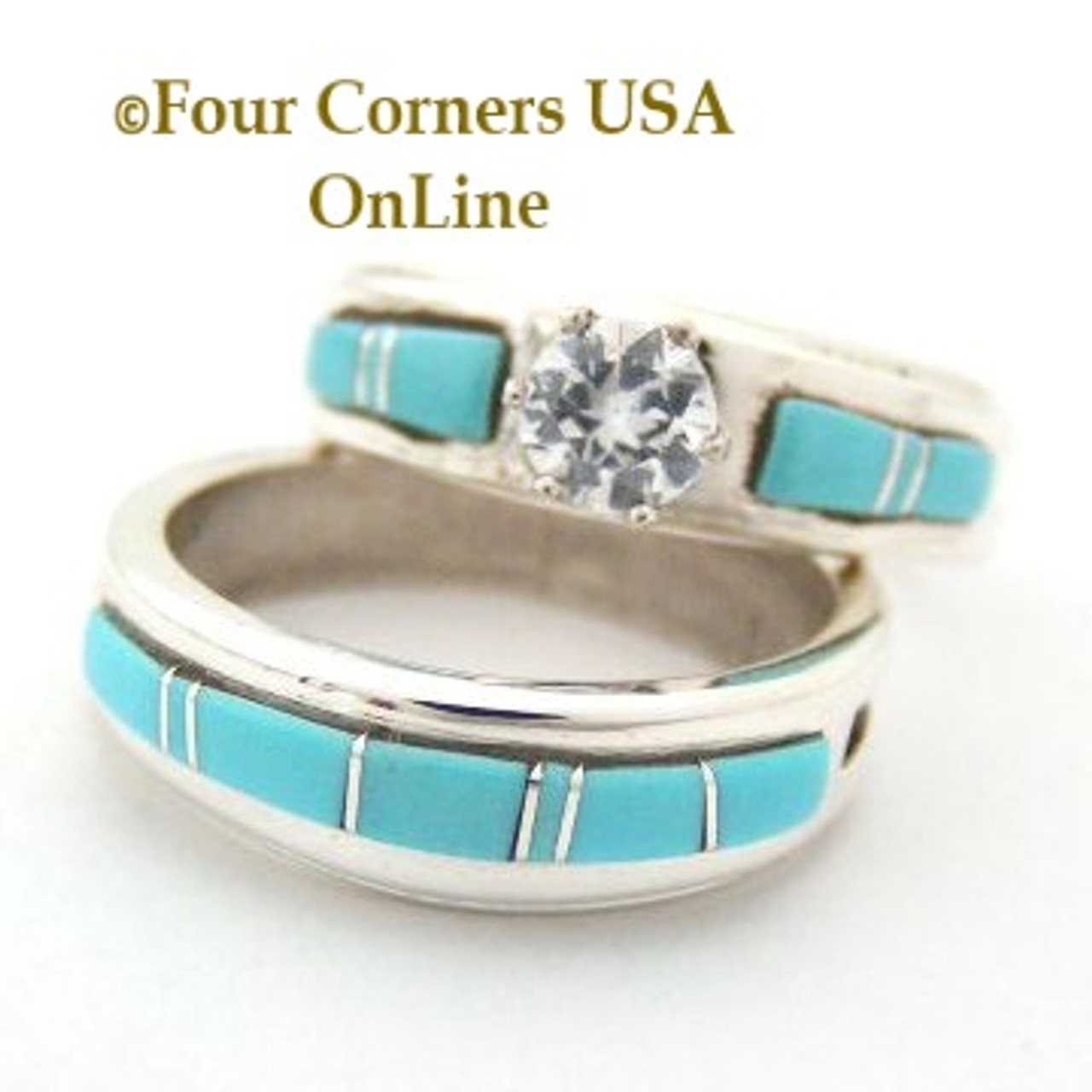 Turquoise Engagement Bridal Wedding Ring Set Size 7 3/4
