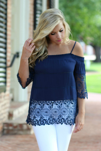Cute As A Button Cold Shoulder Top: Navy