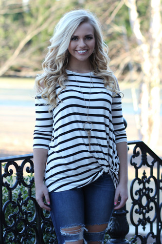 Knot Cold Shoulder Top: Ivory/Black