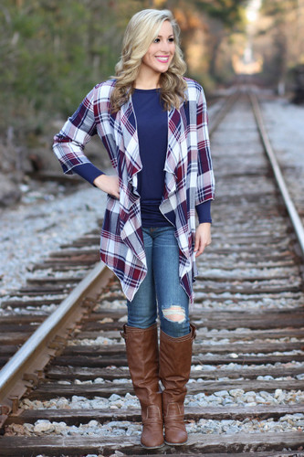 Plaid + Sparkle Cardigan: Plum