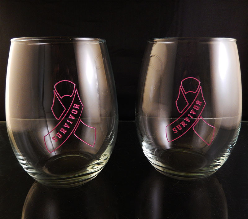 pink o stemless wine glasses for breast cancer
