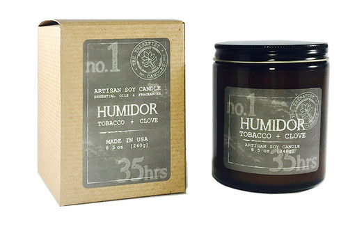 Humidor - blend of tobacco + clove spice essential oil and premium fragrance scented soy candle with crackling wood wick