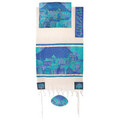 Yair emanuel Cotton and Silk Tallit – Jerusalem gate in blue TWS-11
