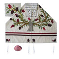 Yair emanuel Embroidered Raw Silk Tallit - Tree of life - Pomegranates white TFA-11