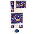 Yair emanuel Embroidered Raw Silk Tallit - Birds blue TFA-8