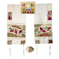 Yair emanuel Embroidered Raw Silk Tallit - Pomegranates in gold TFA-4
