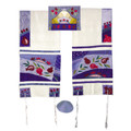 Yair emanuel Embroidered Raw Silk Tallit - Pomegranates in blue  TFA-5