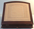 Wood and leather table top shtender with draw.