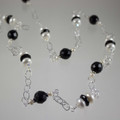Black Onyx & Button Pearl Long Sterling Silver Necklace