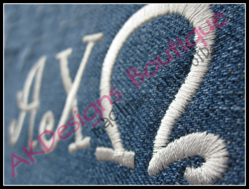 Close-up of sample stitched on denim