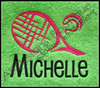 Stitched on a Lime Green Towel [one of our Blank Sports Towels] with our large #461 Racquet and Ball Tennis Design
