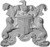 Acanthus Eagle, lions , and a ribbon  are featured on this cast plaster coat of arms or shield