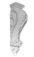 A classic corbel bracket, medium large, featuring flowing scrolls and a leaved vine. 11 1/2"H x 3 1/4"W x 3 1/4"D