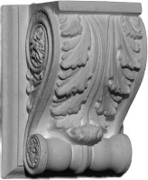 A classic small corbel bracket style featuring a large acanthus leaf and a bottom scroll