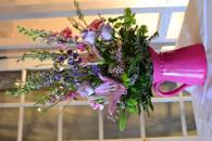 Pink Pitcher with Pink carnations, Purple larkspur, Lavendar roses
