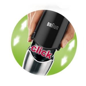 Chức năng EasyClick giúp dễ dàng thay thế các đầu xay, trộn cho máy xay cầm tay Braun MQ 745 Chức năng EasyClick giúp dễ dàng thay thế các đầu xay, trộn cho máy xay cầm tay Braun MQ 745