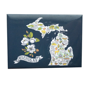 This magnet features an original, illustrated map of Michigan that highlights the cities, foods, products, culture, and natural beauty that make our state so great! Size: 2.5x3.5