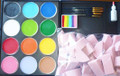 Palette with 12 x 32g Regular paints Black, White, 
Red, Pink, Lilac, Orange, Yellow, Mid Brown, 
Light Green, Mid Green, Light Blue & Mid Blue.                                  $112.00
1 x  Regular Rainbow 50g                                                                  $ 16.00
 2 x #1, #4 & #6 Roymac Round brushes  & Filbert #12                        $ 40.00
2 x  Holographic Glitter- Silver & Gold                                                 $ 11.90
50 sponges                                                                                       $30.00
Total Value   $209.90     for      $189.90      $20.00 discount