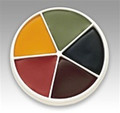 Contains 5 colours:- Bloody Rose, Midnight Sky, Burnt Maroon, Spanish Olive and Maize Yellow. This is a Grease Paint and can be removed with Baby oil or Makeup remover.