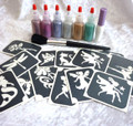 Girls Glitter Tattoo Kit contains:-
1 x Pros-ade Glue 8 ml in an applicator bottle
6 x Glitter Puffers- Hot Pink, Fuchsia ,Lilac, Holographic Silver, Holographic Gold & Sea Green
25 x Girly Stencils