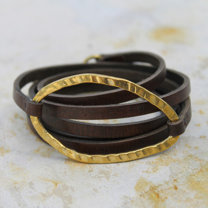 Thin chocolate brown leather multi wrap bracelet with brass detail and toggle closure Thin chocolate brown leather multi wrap bracelet with brass detail and toggle closure