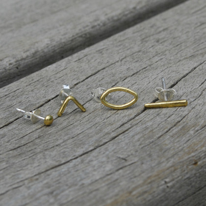brass mismatched earring set of four with minimalist motifs brass mismatched earring set of four with minimalist motifs