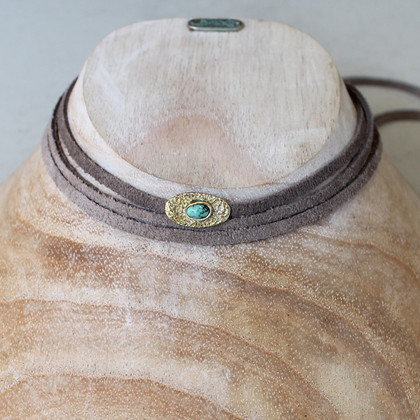grey leather wrap necklace with brass and turquoise detail grey leather wrap necklace with brass and turquoise detail