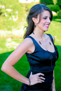 Long Necklace in 18k Gold Vermeil Jet (Black). Shown with Crystal Cluster Earrings, Basic Bracelet, and Cluster Ring in 18k Gold Vermeil Jet (Black).