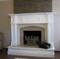 Our Orland wood mantel painted white, used with our Tudor surround in limestone, and our Golden Sand Cashmere granite facing.  Contact us about the custom hearth-wrap designed for this fireplace!