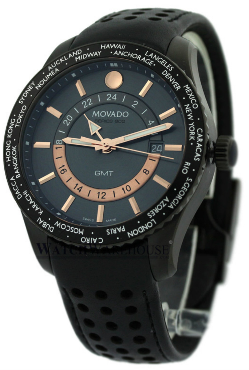 SALE Movado 2600118 Series 800 GMT World Time Bezel Men's Leather Watch