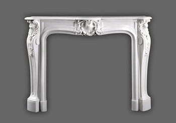 Beautiful French marble mantel has Louis XIV styling. Italian Bianco