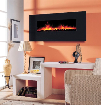 Black Crystal Glass facing is the most economically priced electric fireplace. It is just under 57" wide, about 20" tall and just over 5" deep. If is a fully featured electric fireplace.