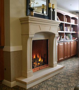 The Bungalow stone fireplace mantel shown with raised hearth.