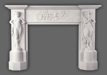 Neoclassical styling marks the Canova marble mantel.  Antonio Canova inspired Dancing Girls, and a center freize depicting goddess of dawn Aurora leading sun god Apollo. Available in White Limestone.