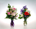 These modern vases are designed with seasonal flowers such as Blue Iris, Gerber Daiseys, colorful long lasting Roses and aromatic stock