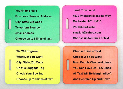 Engraved Luggage Tags - Neon Green, Pink, Yellow, Orange
