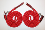 Rope Split Reins shown with latigo waterloops and stainless steel scissor snaps.