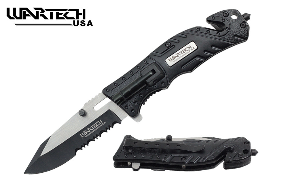 Wartech 8" Tactical Assisted Folding Knife with LED Light Black