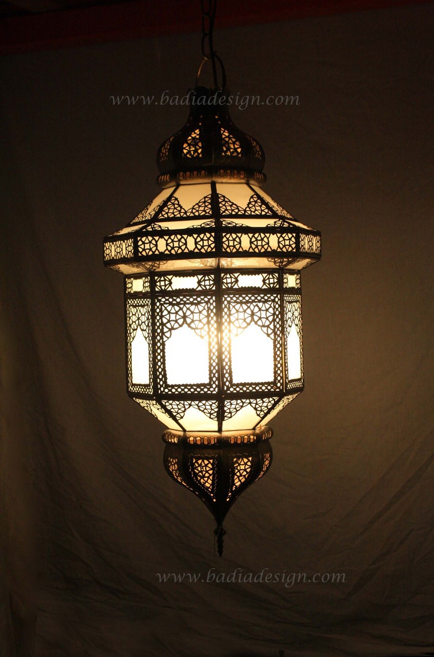 moroccan hanging brass lantern with white glass from badia design inc