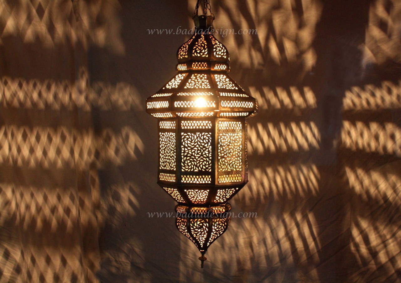 moroccan hanging brass lantern with white glass from badia design inc