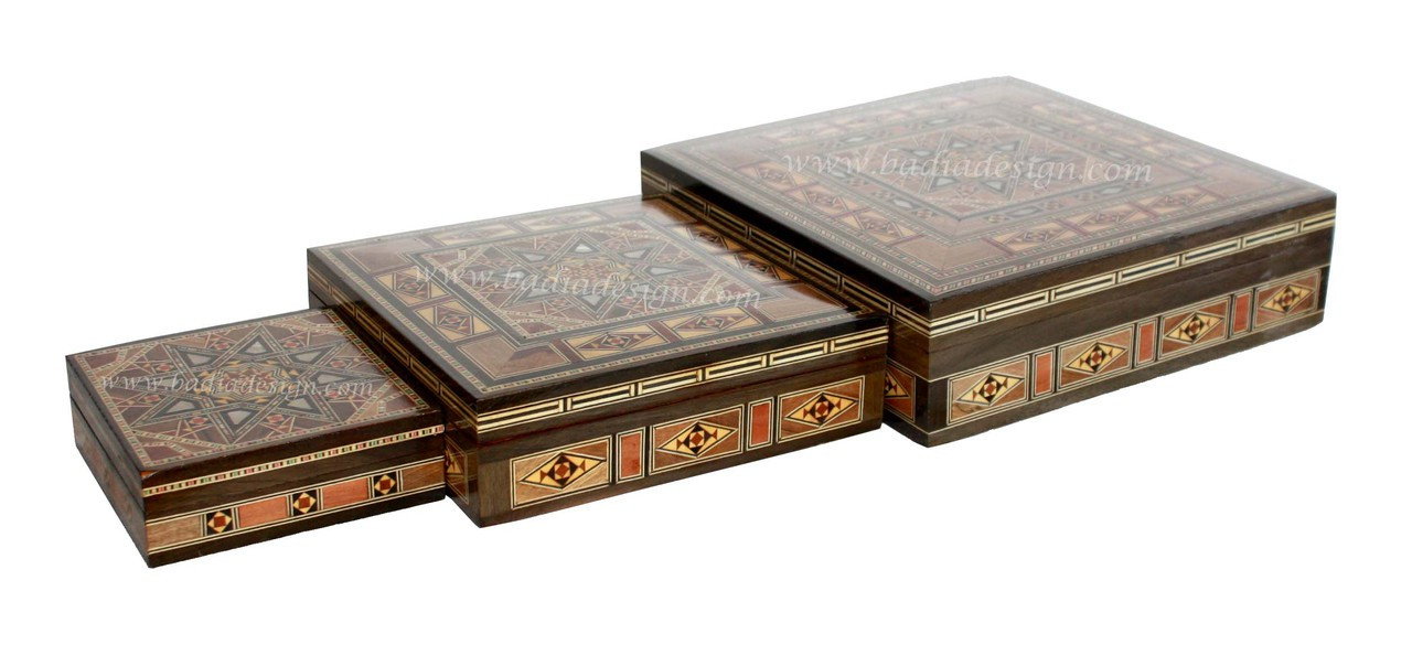 Square Shaped Inlaid Wooden Jewelry Box with a Syrian Design