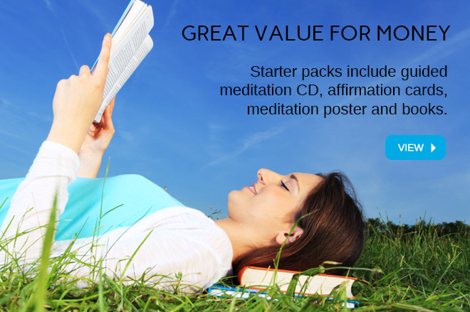 Starter packs include guided meditation CD, affirmation cards, meditation poster and books.