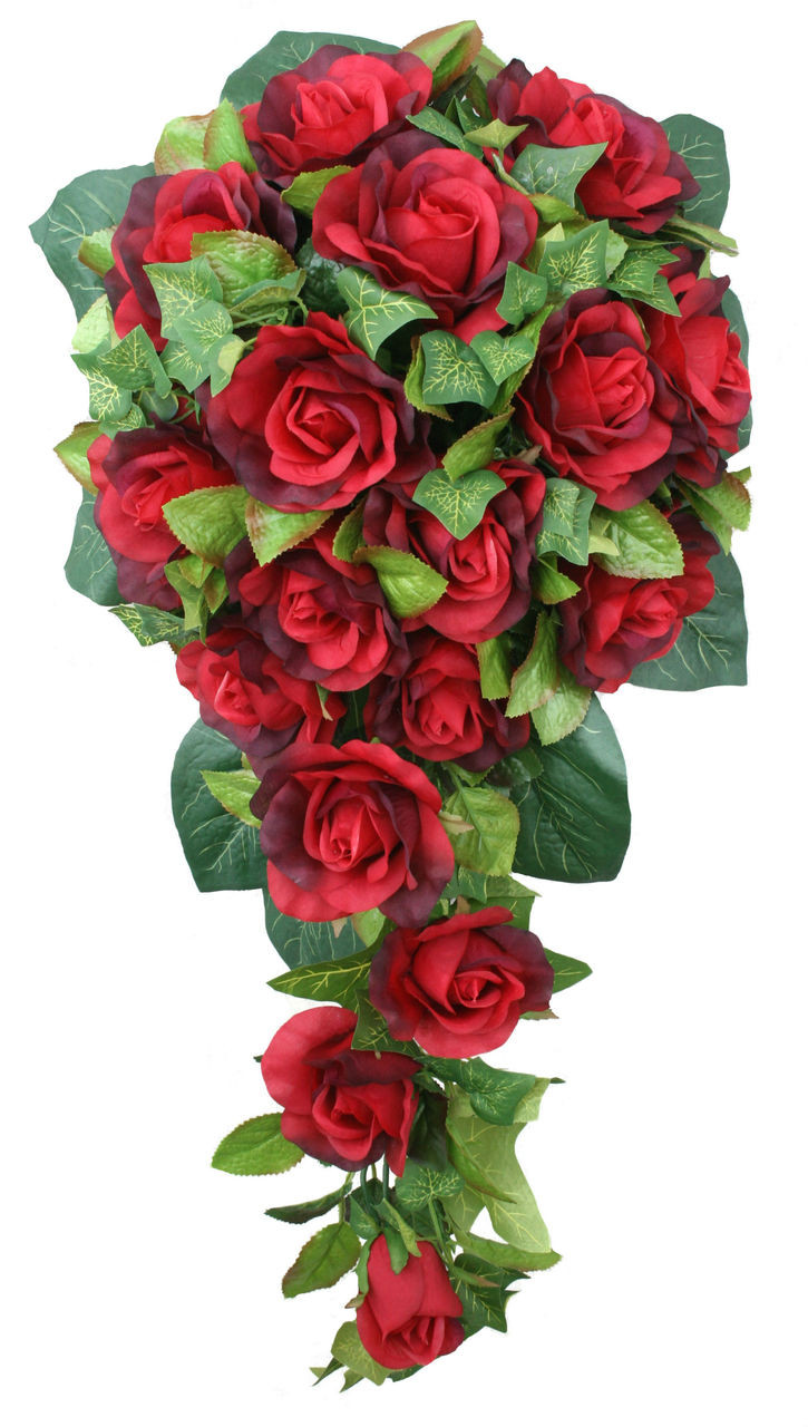 Red Silk Rose Cascade Bridal Wedding Bouquet