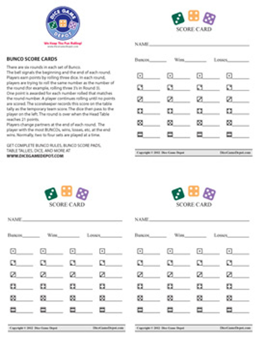 Printable Bunco Score Sheets Dice Game Depot