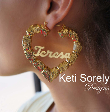 Celebrity Style Doorknocker Bamboo Earrings With Heart Shape Image 1