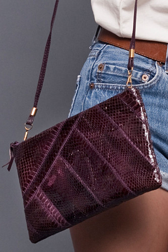 Vintage Genuine Snakeskin Dark Violet Purple Glossy Cross Body Shoulder Bag Clutch