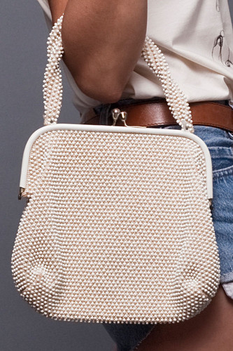 Vintage Off White Cream Corde Bead Hobnail Frame Purse Bag