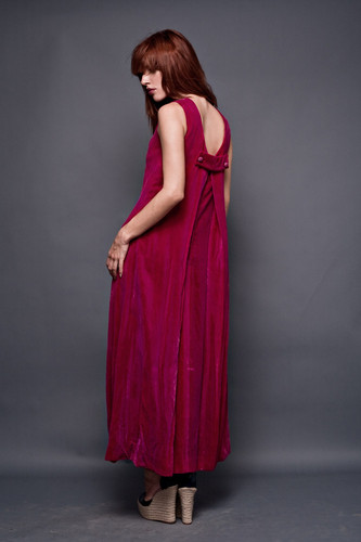 Vintage 60s Maxi Pink Velvet Arkay A-Line Party Bejweled Buttoned Dress Pleated Low Back Gown XS (32" Bust)