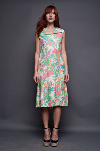 Vintage 70s Dress Kaplan Couture Wide Collar Floral A-Line Sleeveless V Neck M (36" Bust)