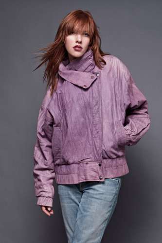 Vintage 80s Guy Laroche Distressed Leather Jacket Bomber Ski Purple Texture Batwing Sleeves ONE SIZE (52" Bust) 
